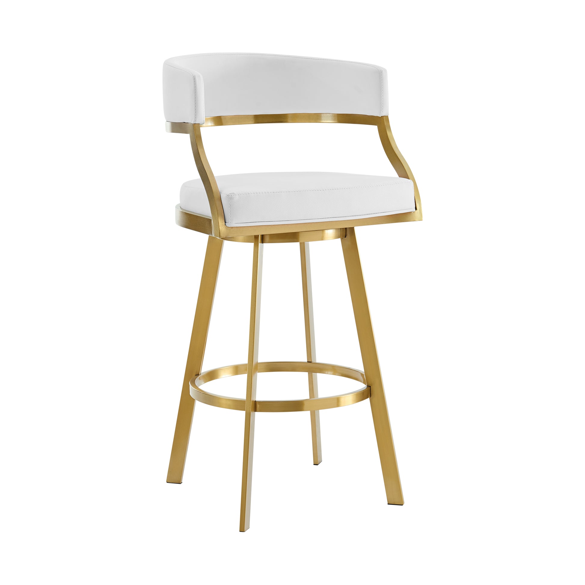 Saturn 26" Swivel Counter Stool with Gold Brushed Stainless Steel and White Faux Leather By Armen Living | Bar Stools | Modishstore - 2