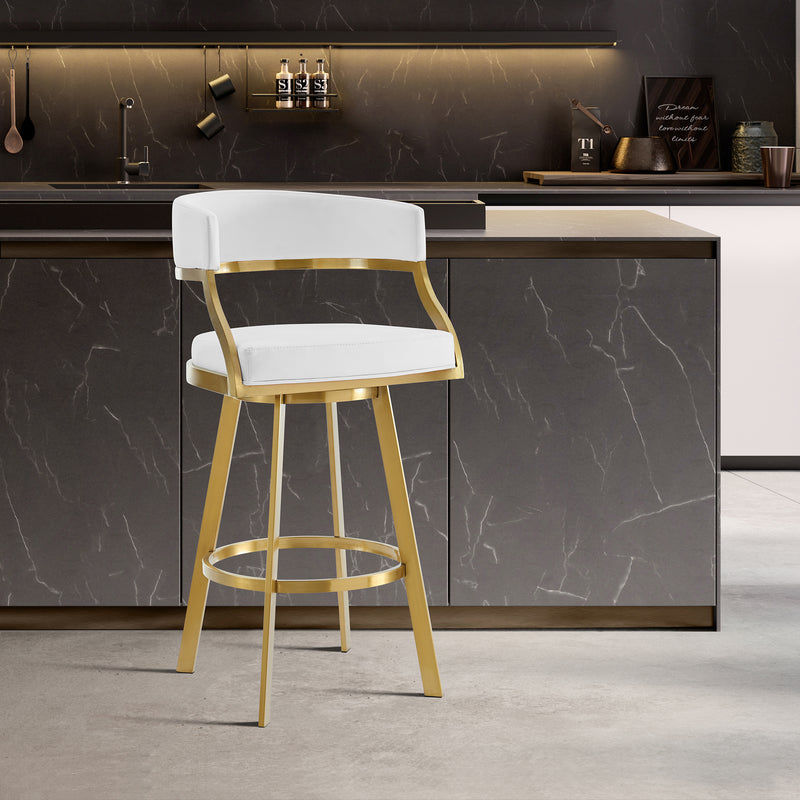 Saturn 26" Swivel Counter Stool with Gold Brushed Stainless Steel and White Faux Leather By Armen Living | Bar Stools | Modishstore