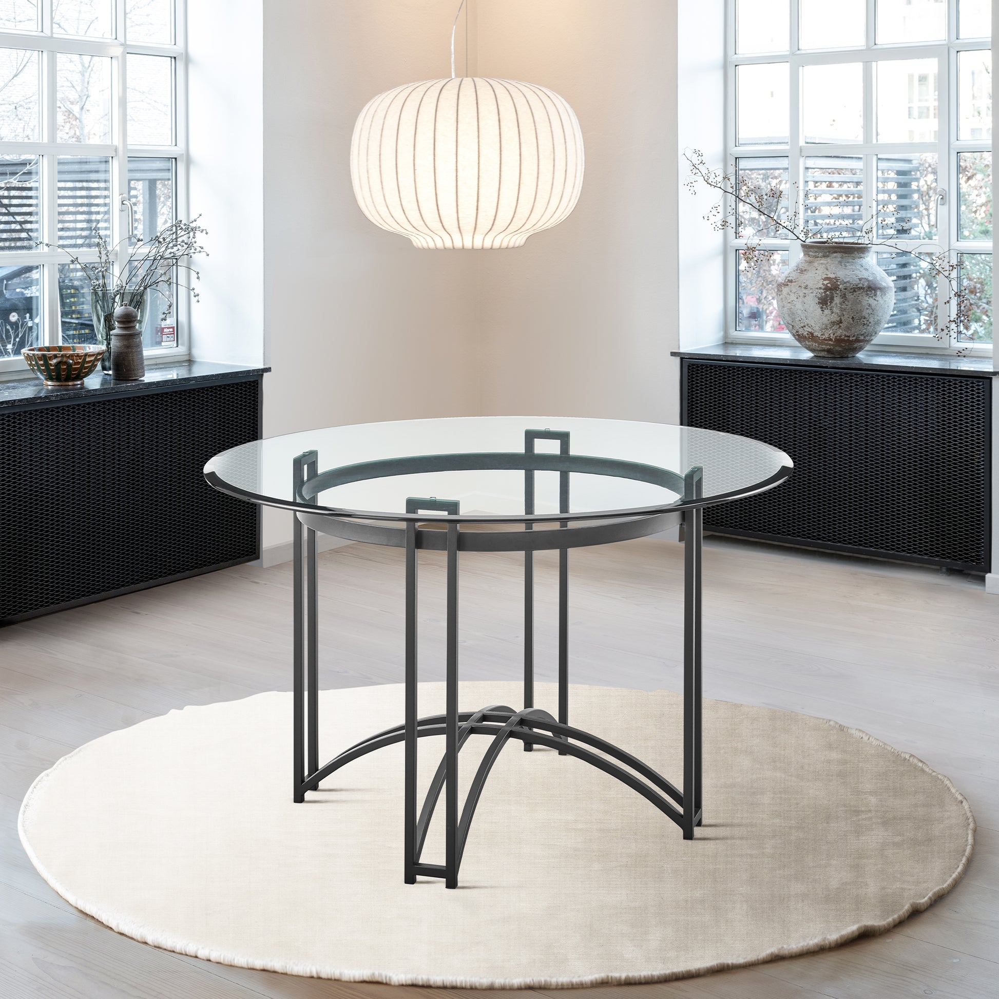 Tibet Contemporary Round Glass Dining Table with Matte Black Iron Base By Armen Living | Dining Tables | Modishstore