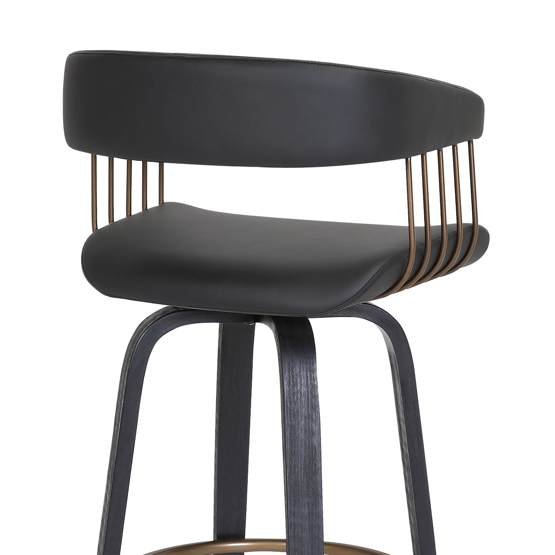 Topanga 30.5" Swivel Black Wood Bar Stool in Black Faux Leather with Golden Bronze Metal By Armen Living | Bar Stools | Modishstore - 7