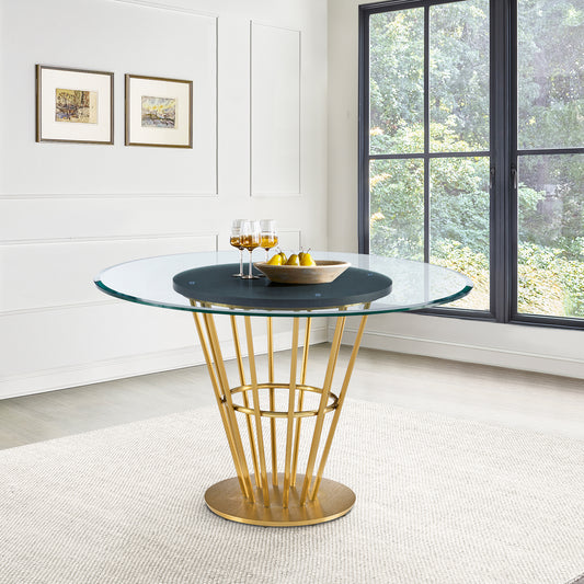 Veronica 48" Round Dining Table in Gold Stainless Steel Base with Walnut Panel and Glass Tabletop By Armen Living | Dining Tables | Modishstore