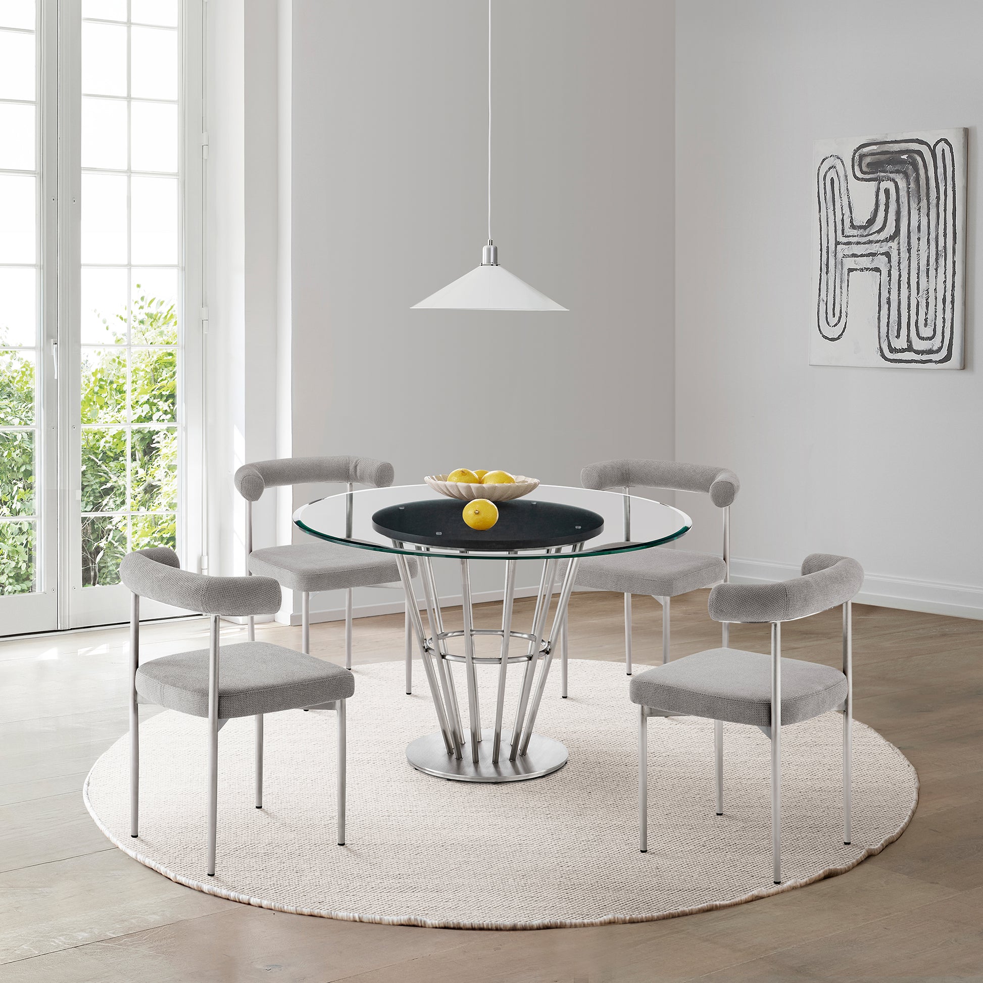 Veronica 48" Round Dining Table in Brushed Stainless Steel Base with Walnut Panel and Glass Tabletop By Armen Living | Dining Tables | Modishstore - 2