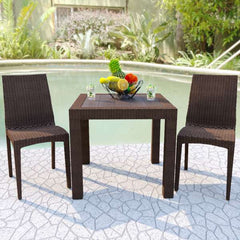 LeisureMod Mace 3-Piece Outdoor Dining Set with Plastic Square Table and 2 Stackable Chairs with Weave Design