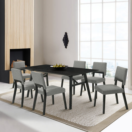 Channell 7 Piece Black Wood Dining Table Set with Charcoal Fabric By Armen Living | Dining Sets | Modishstore