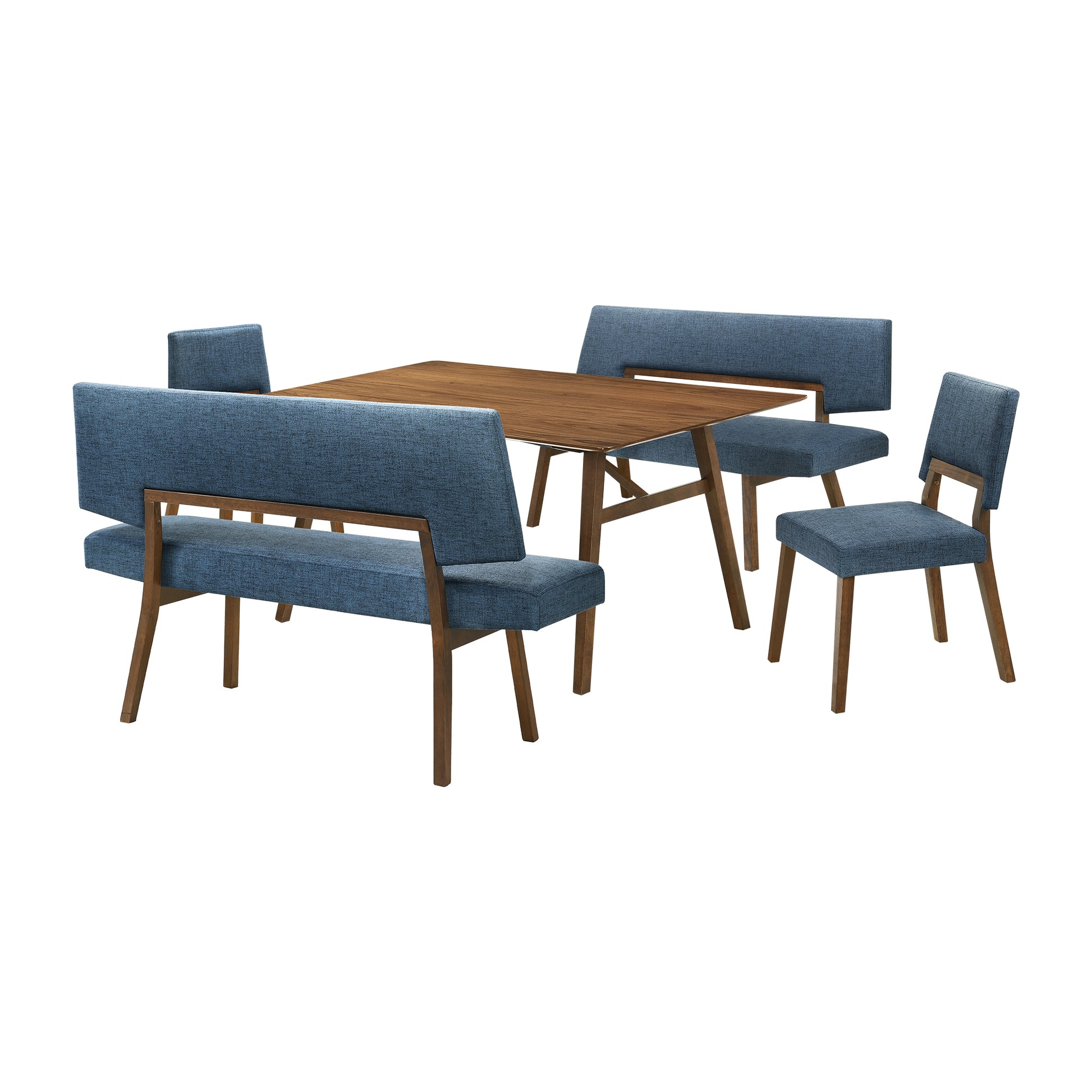 Channell 5 Piece Walnut Wood Dining Table Set with Benches in Blue Fabric By Armen Living | Dining Sets | Modishstore - 3