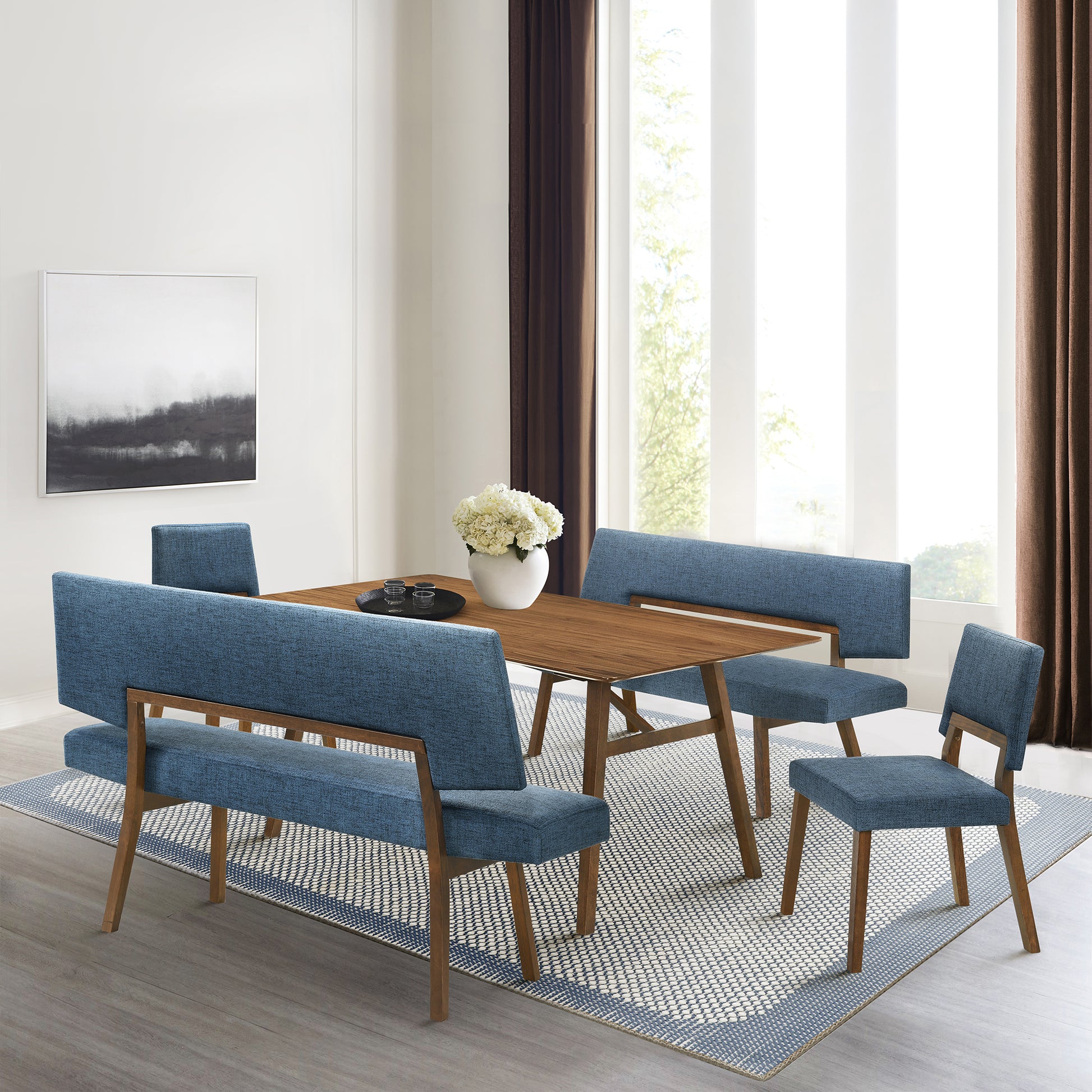 Channell 5 Piece Walnut Wood Dining Table Set with Benches in Blue Fabric By Armen Living | Dining Sets | Modishstore