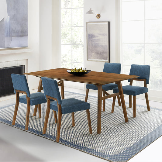 Channell 5 Piece Walnut Wood Dining Table Set with Blue Fabric By Armen Living | Dining Sets | Modishstore