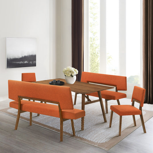 Channell 5 Piece Walnut Wood Dining Table Set with Benches in Orange Fabric By Armen Living | Dining Sets | Modishstore