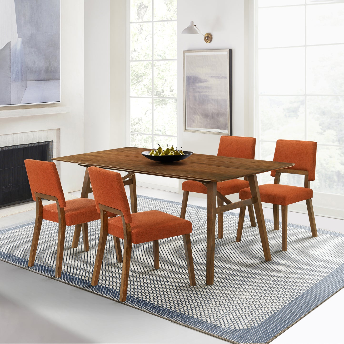 Channell 5 Piece Walnut Wood Dining Table Set with Orange Fabric By Armen Living | Dining Sets | Modishstore