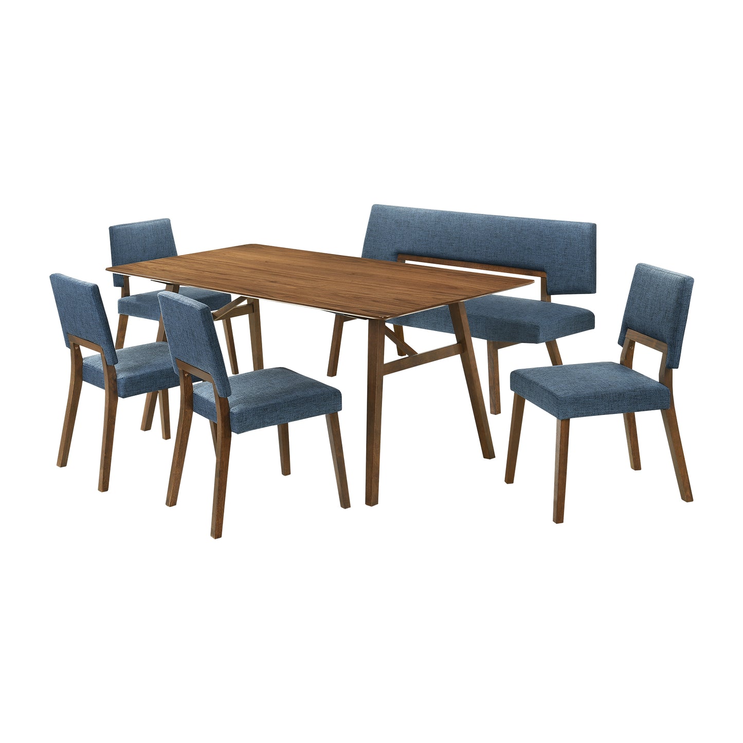 Channell 6 Piece Walnut Wood Dining Table Set with Bench in Blue Fabric By Armen Living | Dining Sets | Modishstore - 2