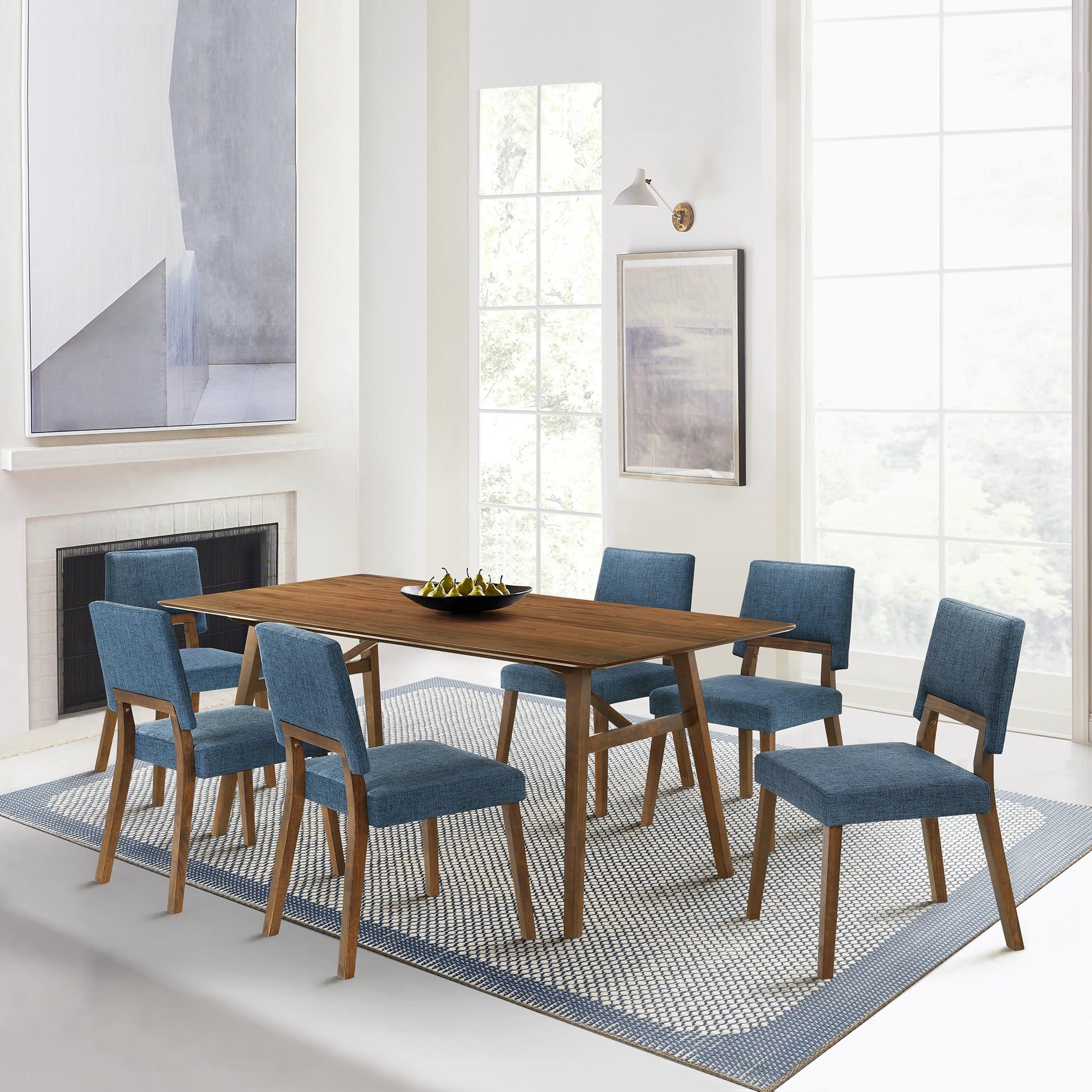 Channell 7 Piece Walnut Wood Dining Table Set with Blue Fabric By Armen Living | Dining Sets | Modishstore