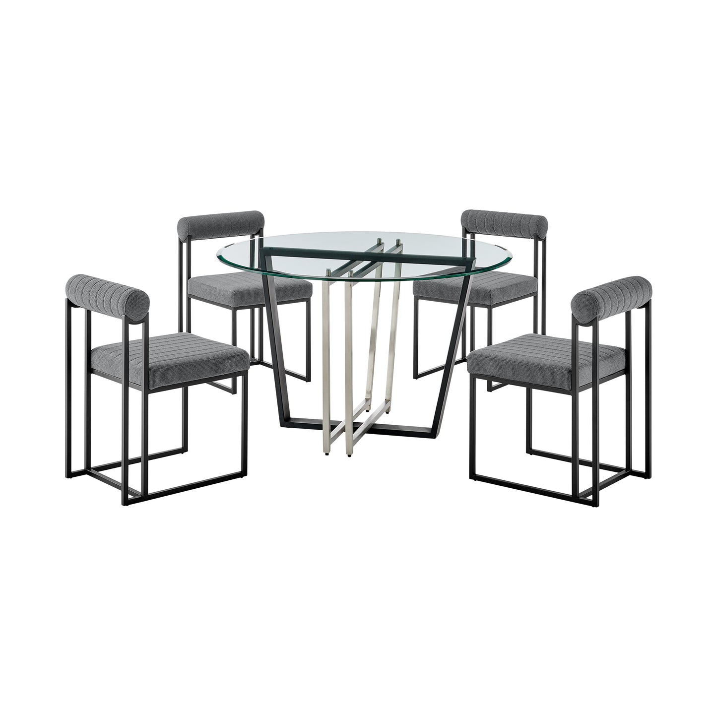 Devi Anastasia 5 Piece Round Glass Dining Table Set with Matte Black Iron and Anchor Gray Fabric By Armen Living | Dining Sets | Modishstore - 2