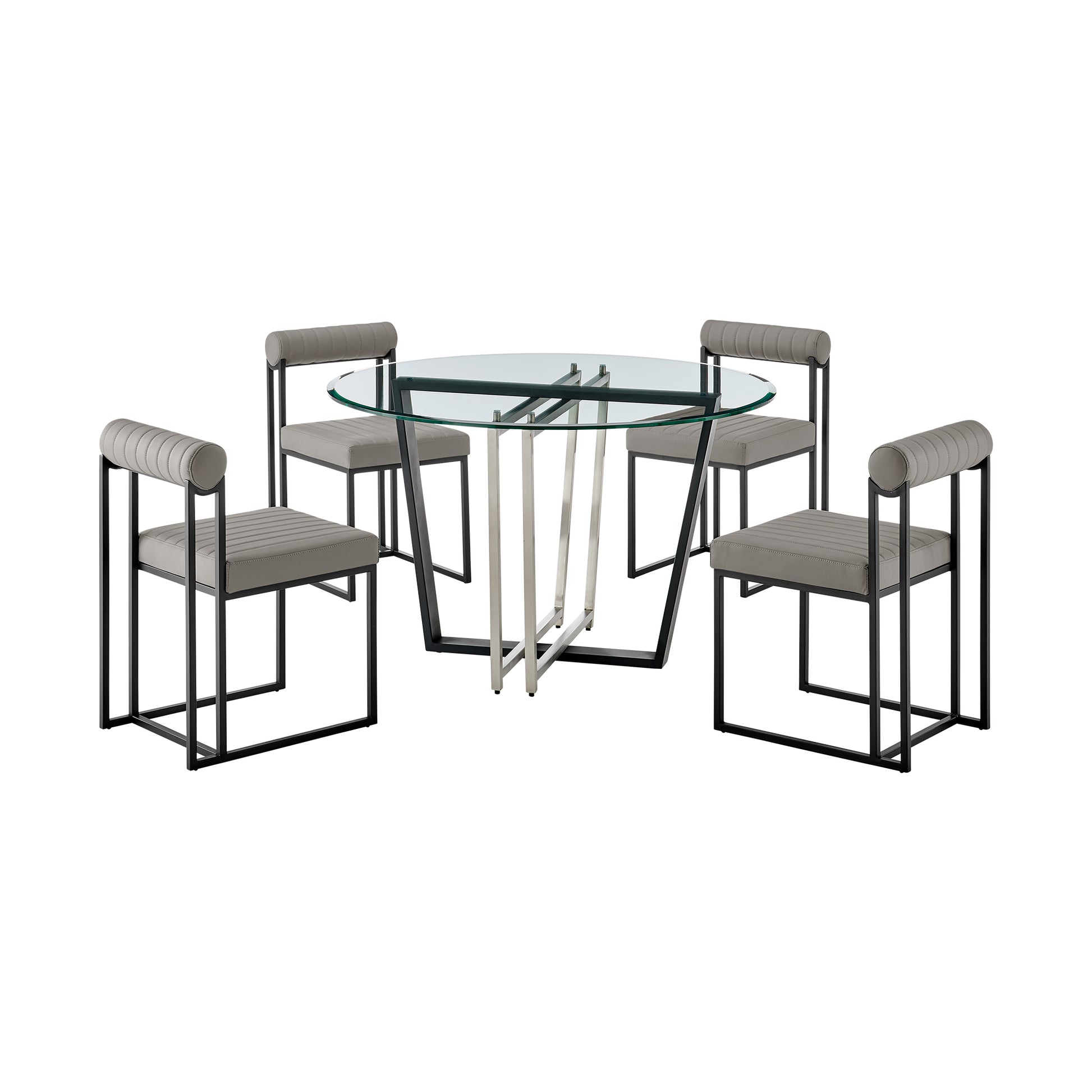 Devi Anastasia 5 Piece Round Glass Dining Table Set with Matte Black Iron and Anchor Gray Fabric By Armen Living | Dining Sets | Modishstore - 22