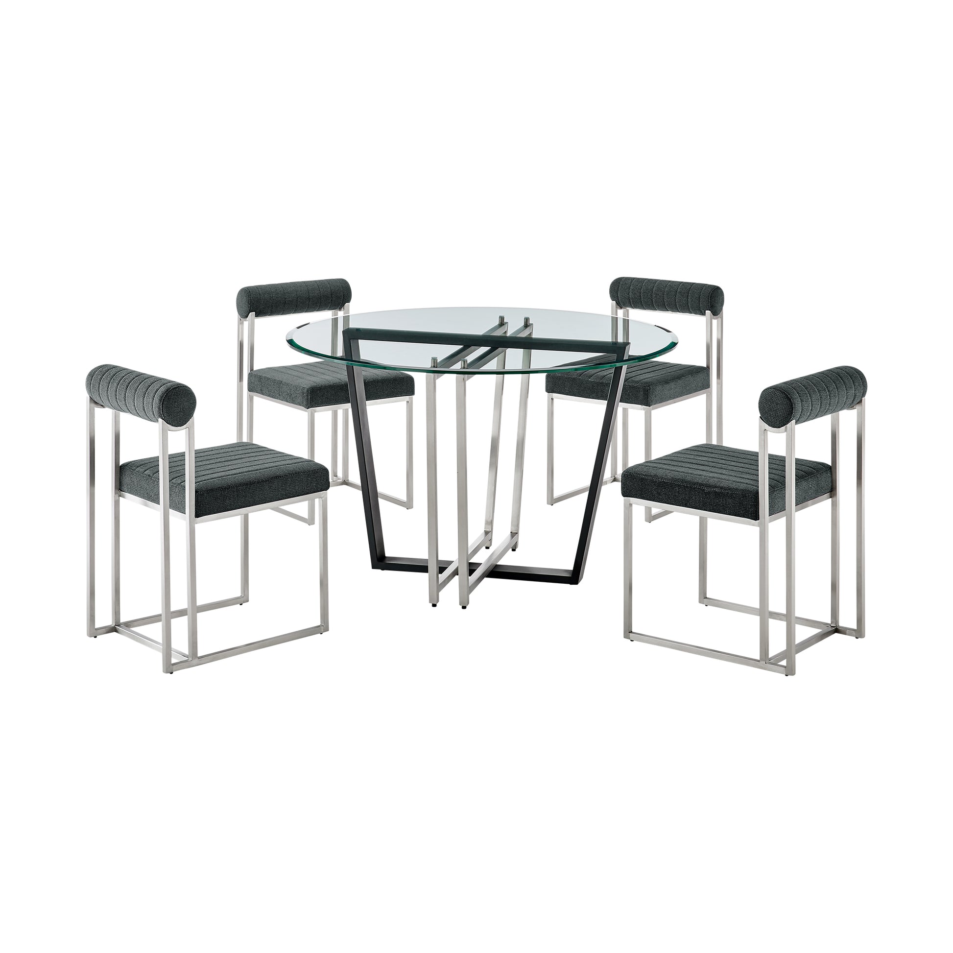 Devi Anastasia 5 Piece Round Glass Dining Table Set with Matte Black Iron and Anchor Gray Fabric By Armen Living | Dining Sets | Modishstore - 42