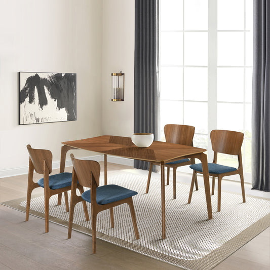 Kalia 5 Piece Wood Dining Set in Walnut Finish with Blue Fabric By Armen Living | Dining Sets | Modishstore