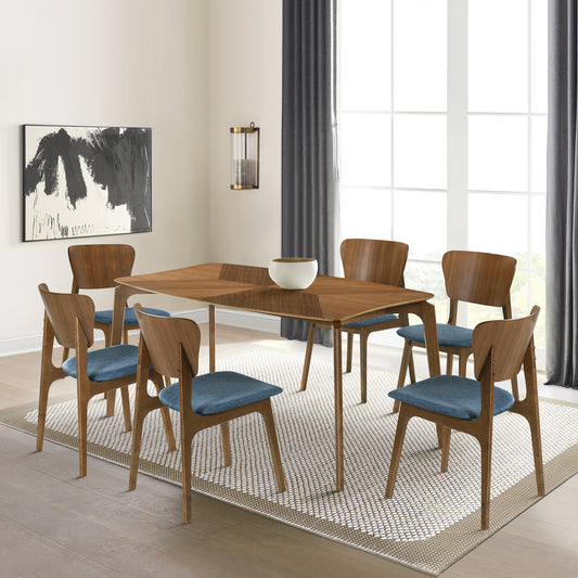 Kalia 7 Piece Wood Dining Set in Walnut Finish with Blue Fabric By Armen Living | Dining Sets | Modishstore