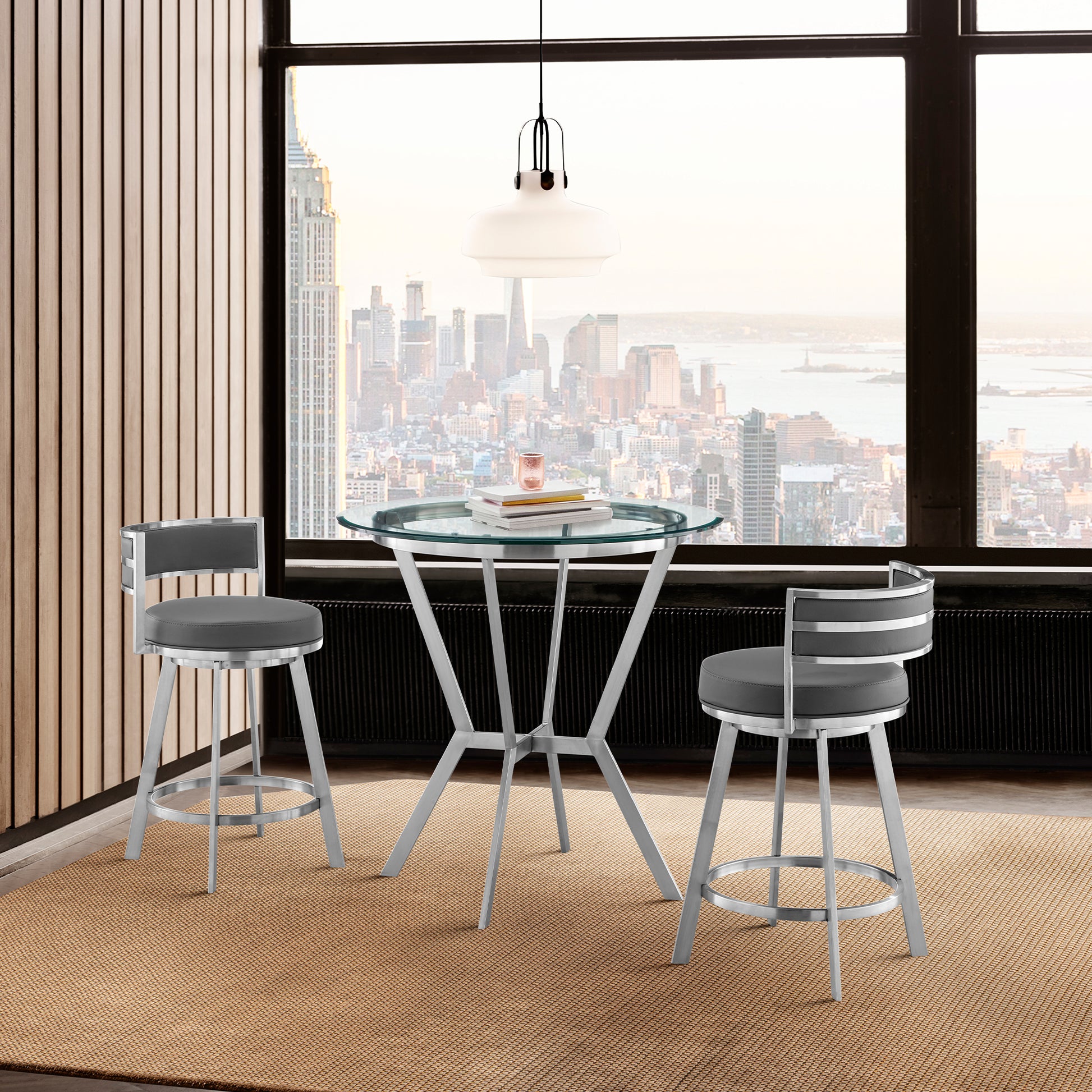 Naomi and Roman 3-Piece Counter Height Dining Set in Brushed Stainless Steel and Gray Faux Leather By Armen Living | Dining Sets | Modishstore