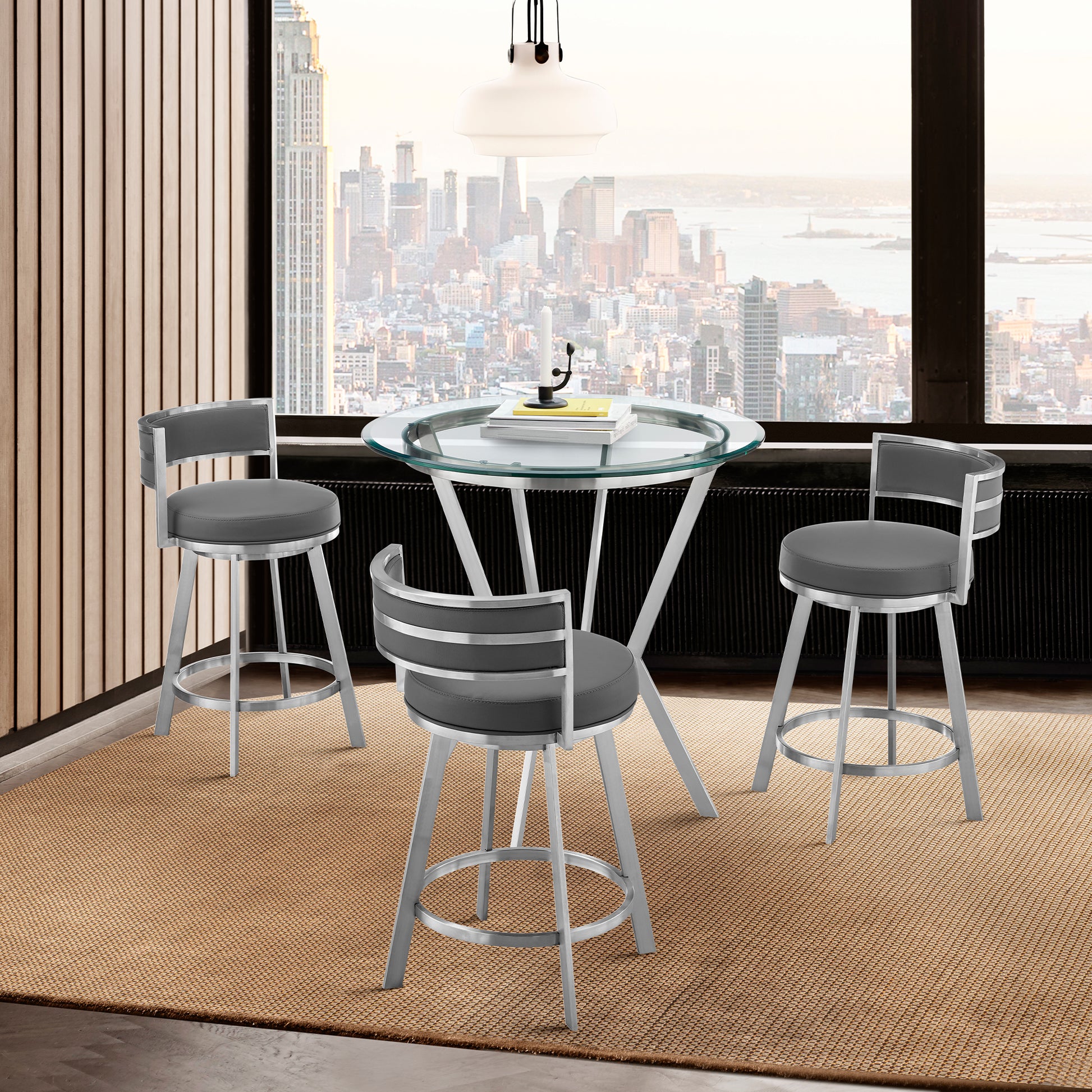 Naomi and Roman 4-Piece Counter Height Dining Set in Brushed Stainless Steel and Gray Faux Leather By Armen Living | Dining Sets | Modishstore