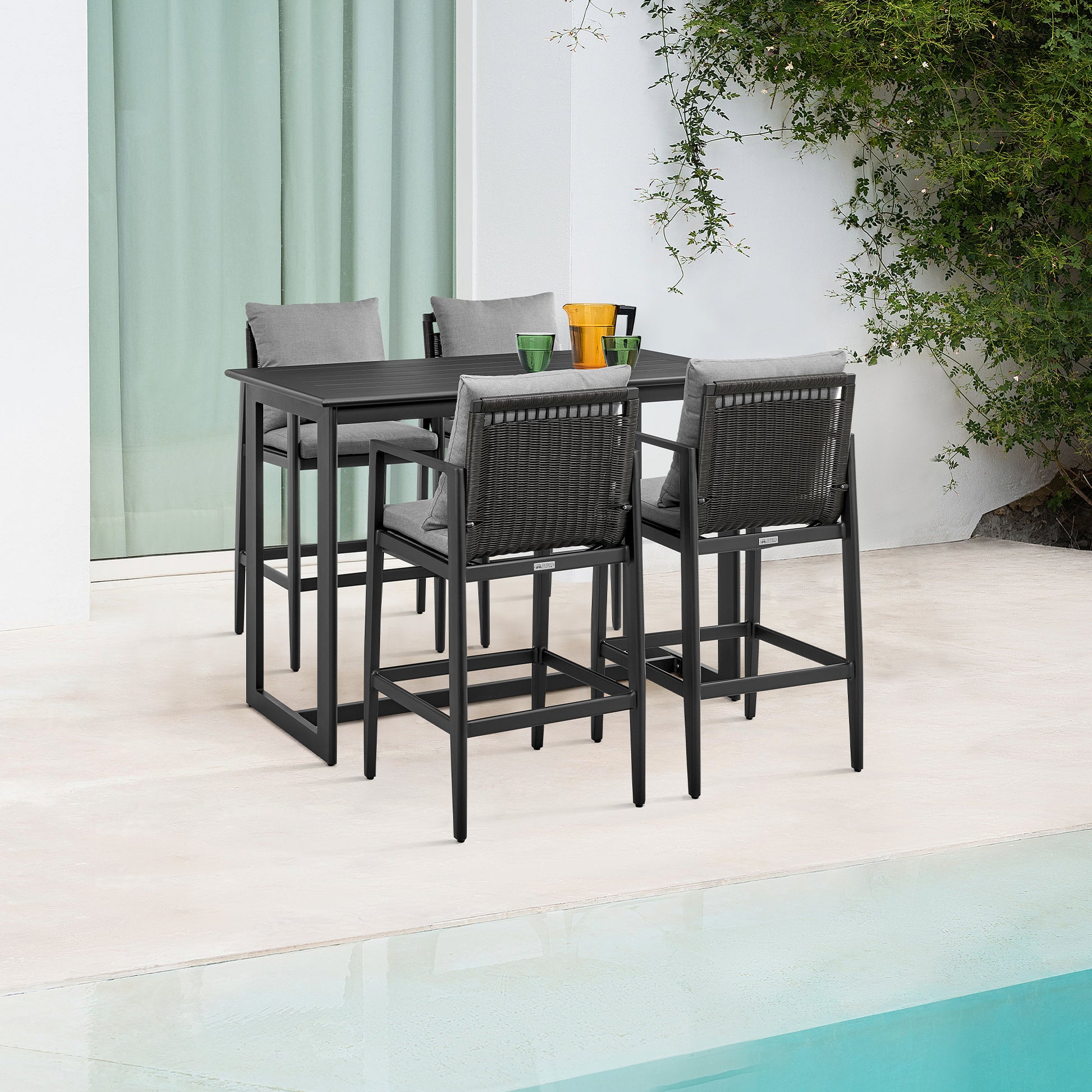 Cayman Outdoor Patio 5-Piece Bar Table Set in Aluminum with Gray Cushions By Armen Living | Outdoor Dining Sets | Modishstore