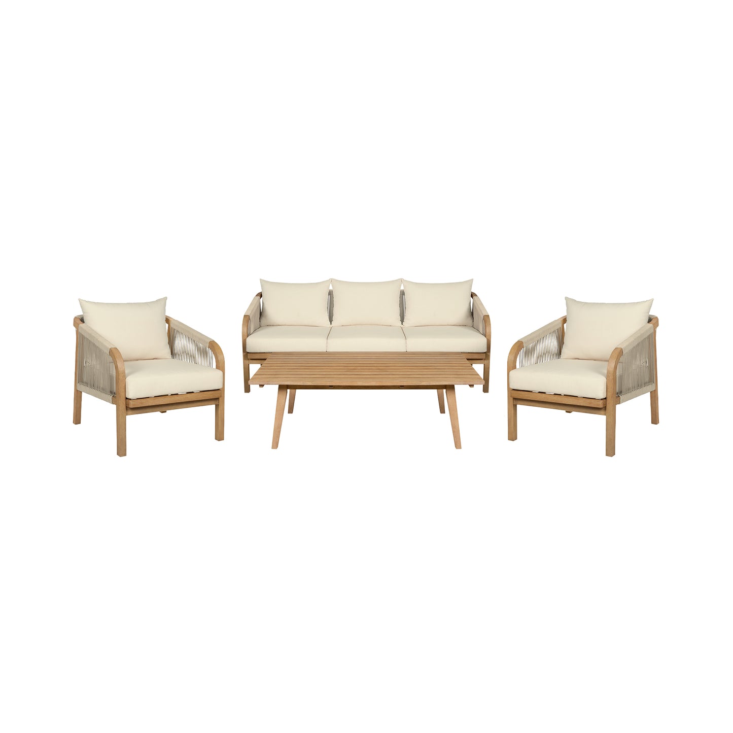 Cypress Outdoor Patio 4 Piece Conversation Set in Blonde Eucalyptus Wood and Light Gray Rope with Ivory Olefin Cushions By Armen Living | Outdoor Sofas, Loveseats & Sectionals | Modishstore - 3