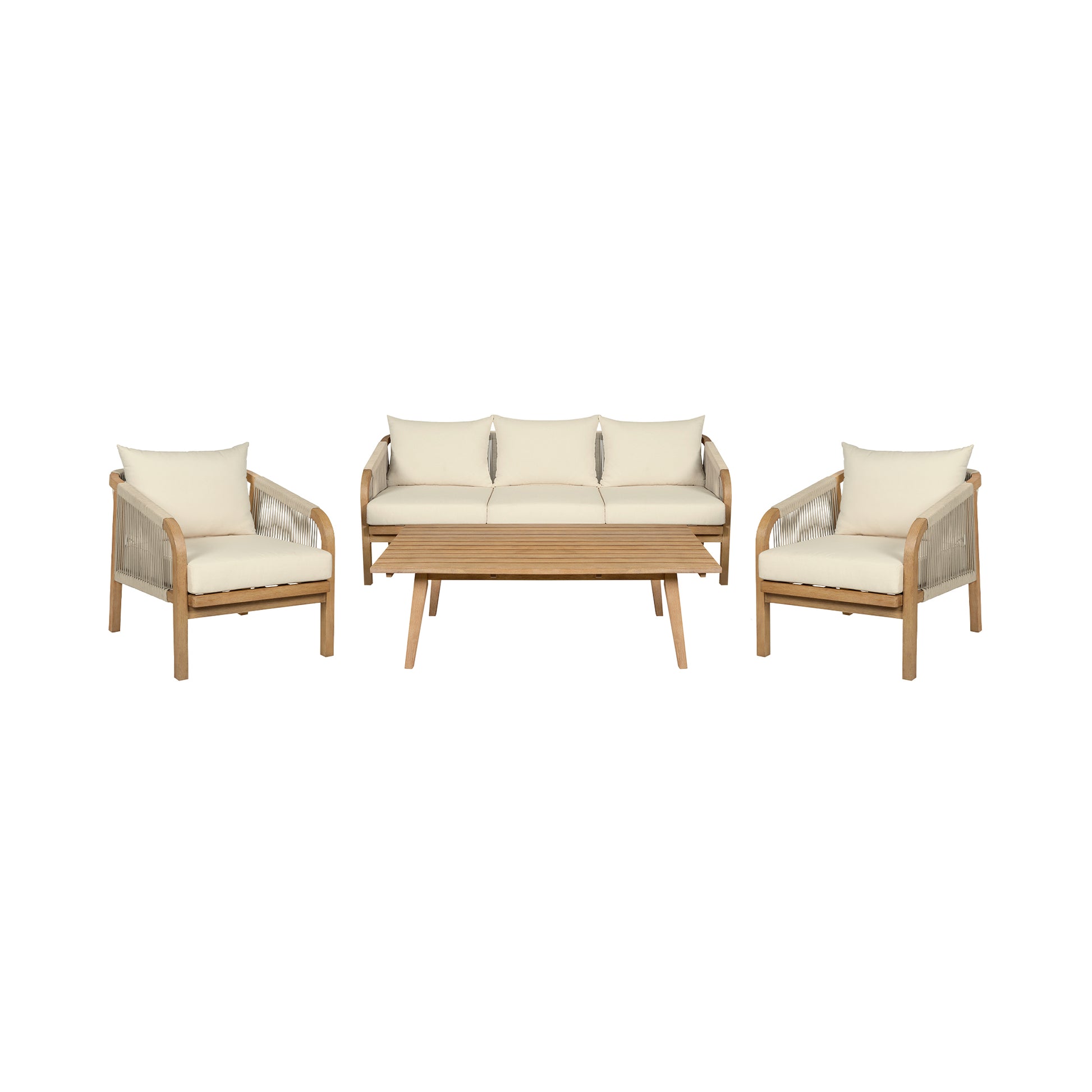 Cypress Outdoor Patio 4 Piece Conversation Set in Blonde Eucalyptus Wood and Light Gray Rope with Ivory Olefin Cushions By Armen Living | Outdoor Sofas, Loveseats & Sectionals | Modishstore - 3