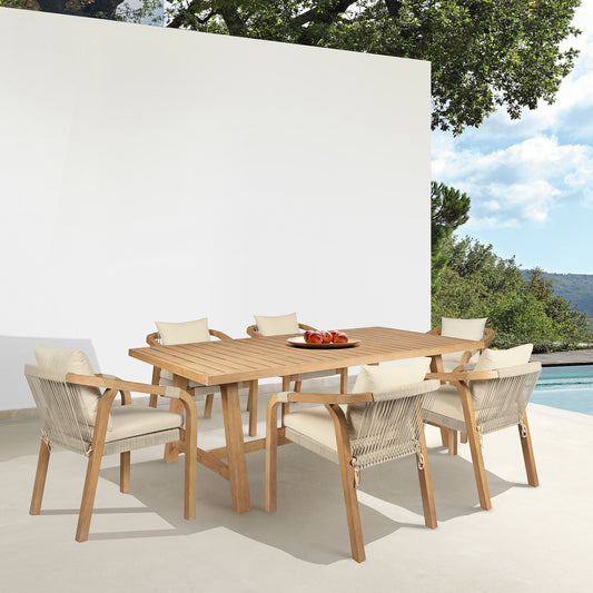 Cypress Outdoor Patio 7 Piece Dining Set in Blonde Eucalyptus Wood and Light Gray Rope with Ivory Olefin Cushions By Armen Living | Outdoor Dining Sets | Modishstore