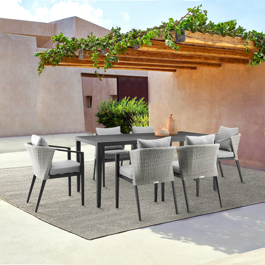 Palma Outdoor Patio 7-Piece Dining Table Set in Aluminum and Wicker with Gray Cushions By Armen Living | Outdoor Dining Sets | Modishstore