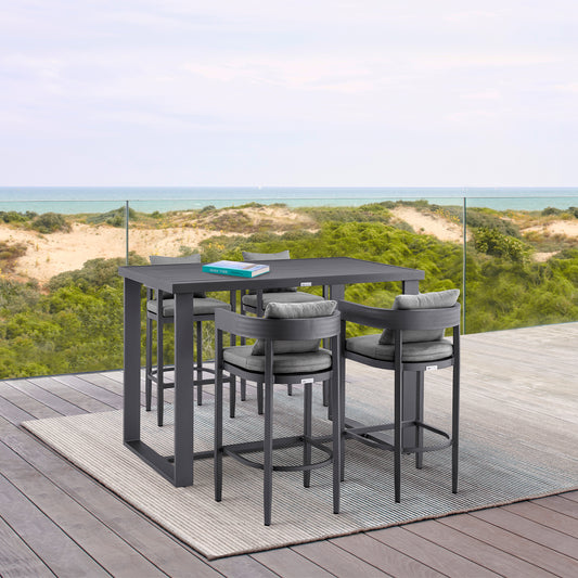 Menorca Outdoor Patio 5-Piece Bar Table Set in Aluminum with Gray Cushions By Armen Living | Outdoor Dining Sets | Modishstore