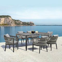 Zella Outdoor Patio 7 Piece Dining Set in Aluminum with Light Gray Rope and Cushions By Armen Living