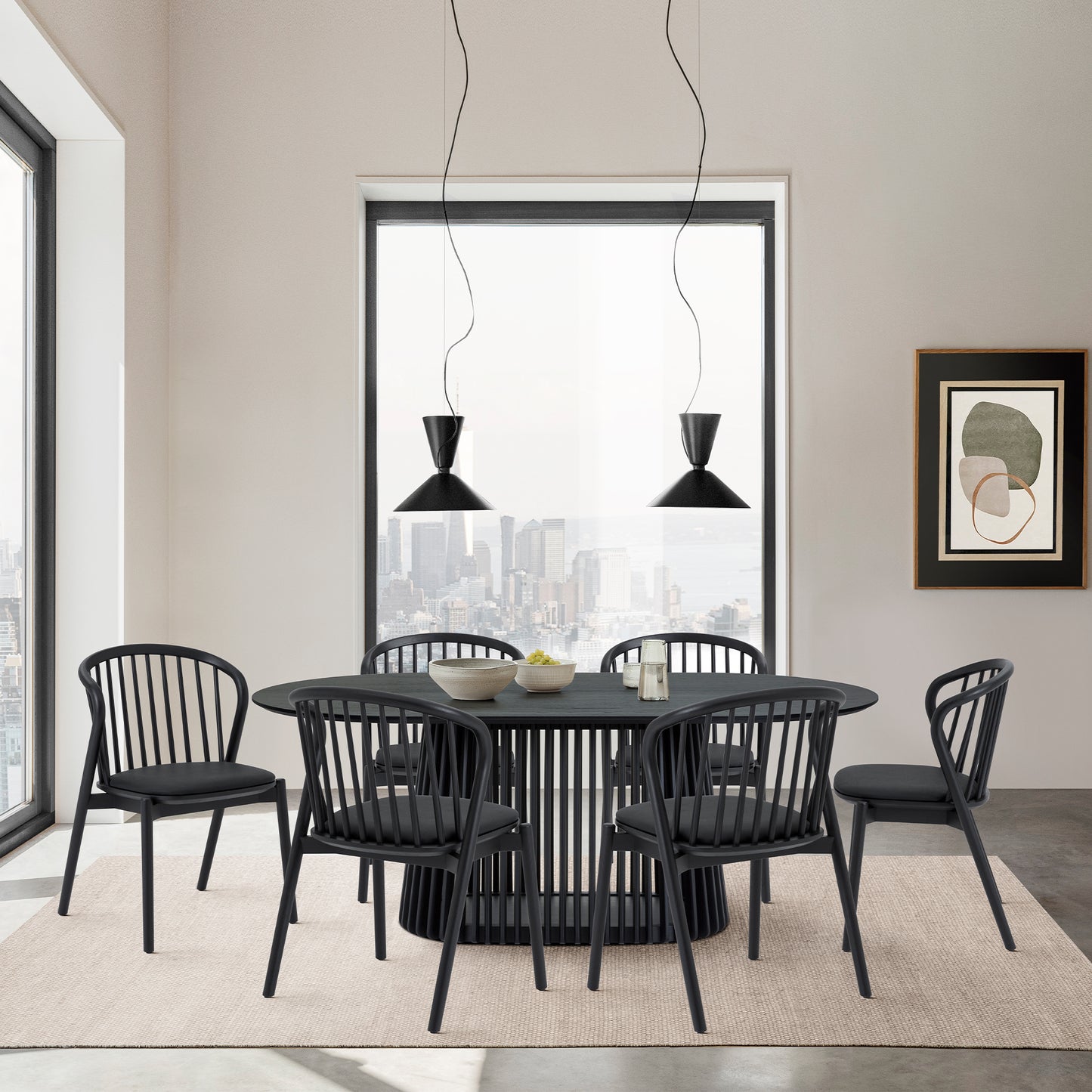 Pasadena Echo 7 Piece Oval Dining Set in Black Oak Finish with Black Faux Leather By Armen Living | Dining Sets | Modishstore