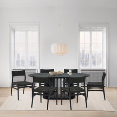 Pasadena Erie 7 Piece Oval Dining Set in Black Oak Finish with Black Paper Cord Chairs By Armen Living