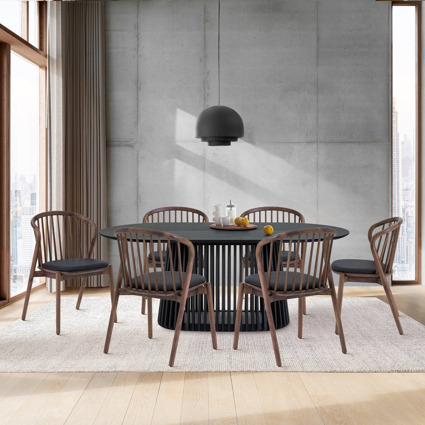 Pasadena Echo 7 Piece Oval Dining Set in Black Oak Finish with Walnut Finish Chairs By Armen Living | Dining Sets | Modishstore