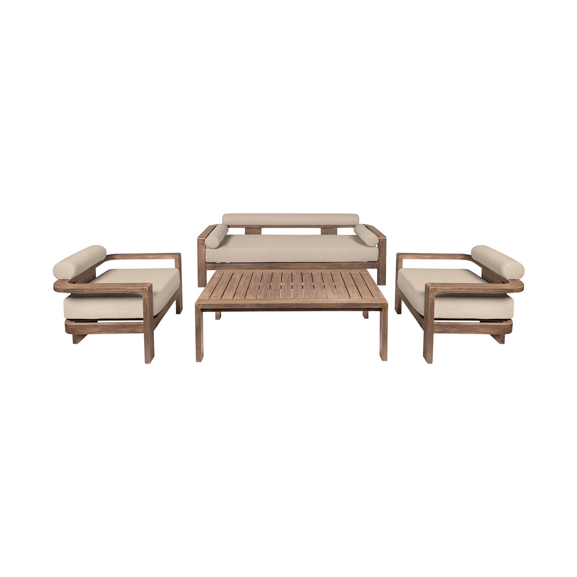 Relic Outdoor Patio 4 Piece Conversation Set in Weathered Eucalyptus Wood with Taupe Olefin Cushions By Armen Living | Outdoor Sofas, Loveseats & Sectionals | Modishstore - 2