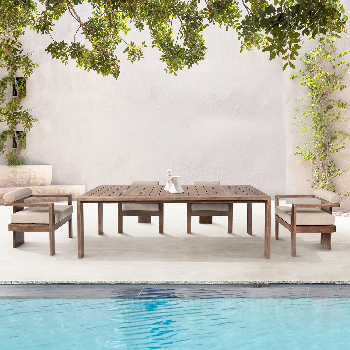 Relic Outdoor Patio 5 Piece Dining Set in Weathered Eucalyptus Wood with Taupe Olefin Cushions By Armen Living | Outdoor Dining Sets | Modishstore