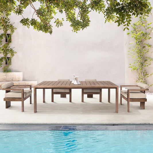 Relic Outdoor Patio 5 Piece Dining Set in Weathered Eucalyptus Wood with Taupe Olefin Cushions By Armen Living | Outdoor Dining Sets | Modishstore