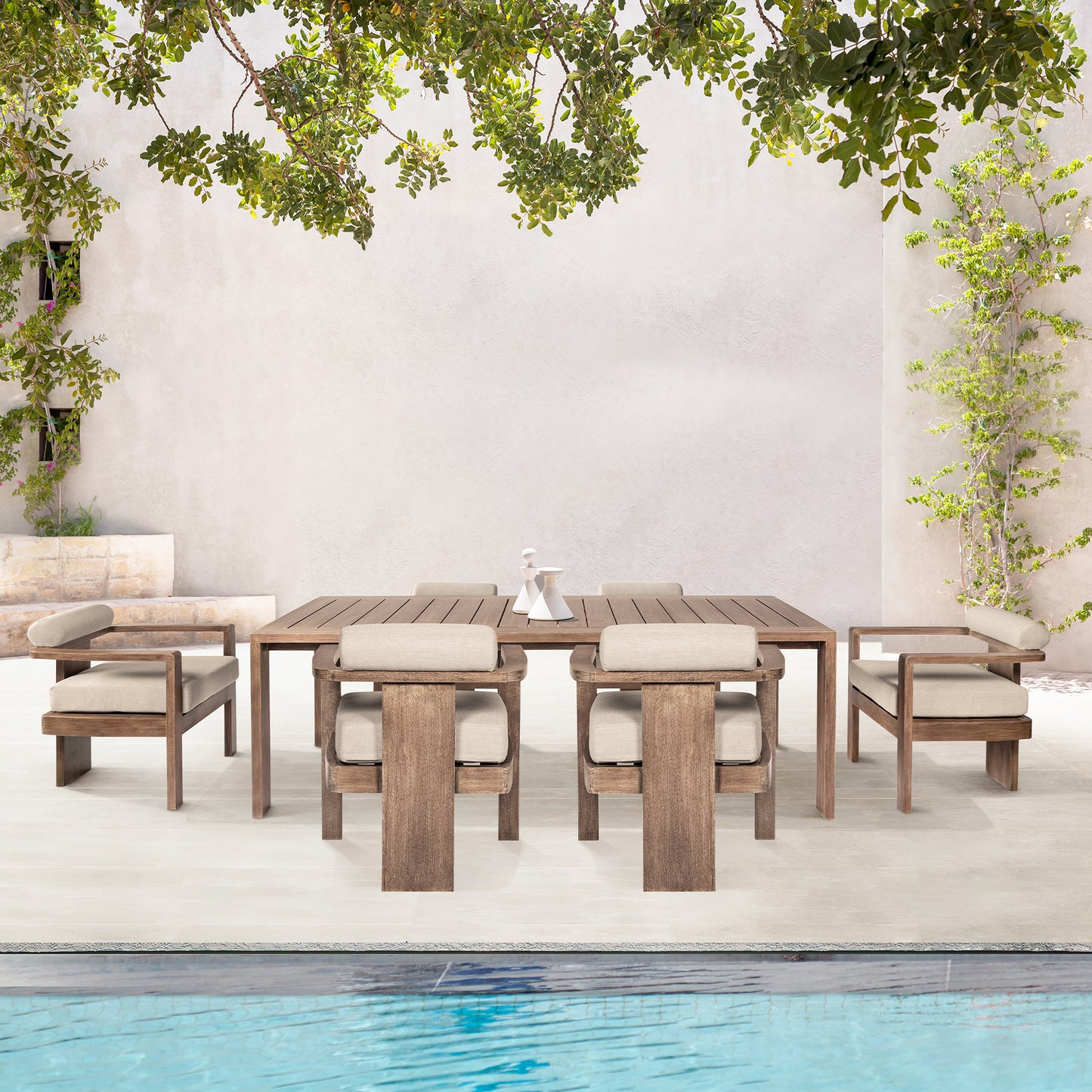 Relic Outdoor Patio 7 Piece Dining Set in Weathered Eucalyptus Wood with Taupe Olefin Cushions By Armen Living | Outdoor Dining Sets | Modishstore