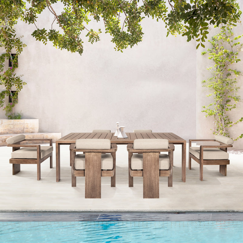 Relic Outdoor Patio 7 Piece Dining Set in Weathered Eucalyptus Wood with Taupe Olefin Cushions By Armen Living | Outdoor Dining Sets | Modishstore