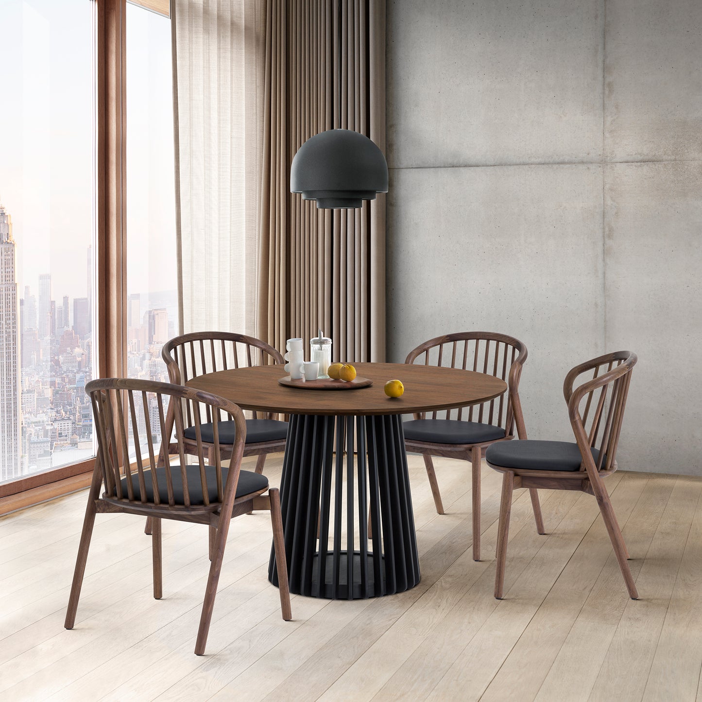 Pasadena Echo 5 Piece Round Dining Set with Walnut and Black Finish Table and Walnut Finish Chairs By Armen Living | Dining Sets | Modishstore