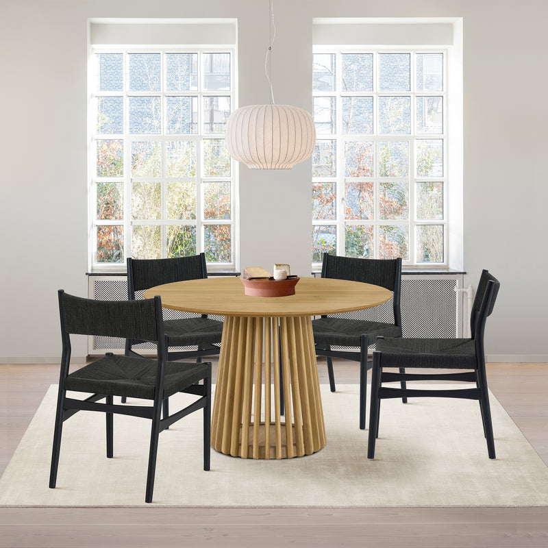 Pasadena Erie 5 Piece Round Dining Set in Natural Oak Finish with Black Paper Cord Chairs By Armen Living | Dining Sets | Modishstore