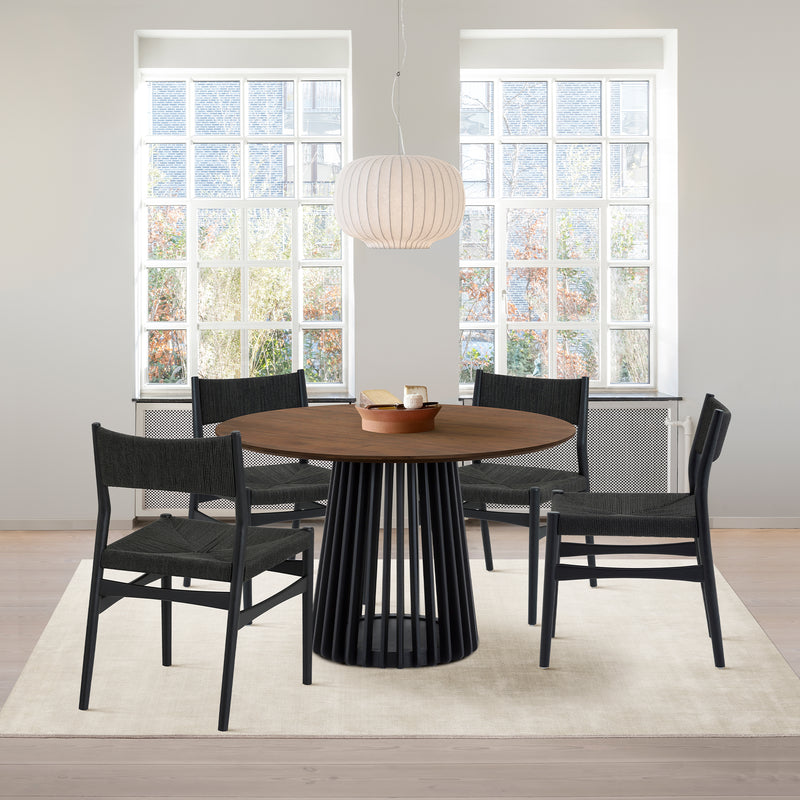 Pasadena Erie 5 Piece Round Dining Set in Walnut and Black Finish with Paper Cord Chairs By Armen Living | Dining Sets | Modishstore