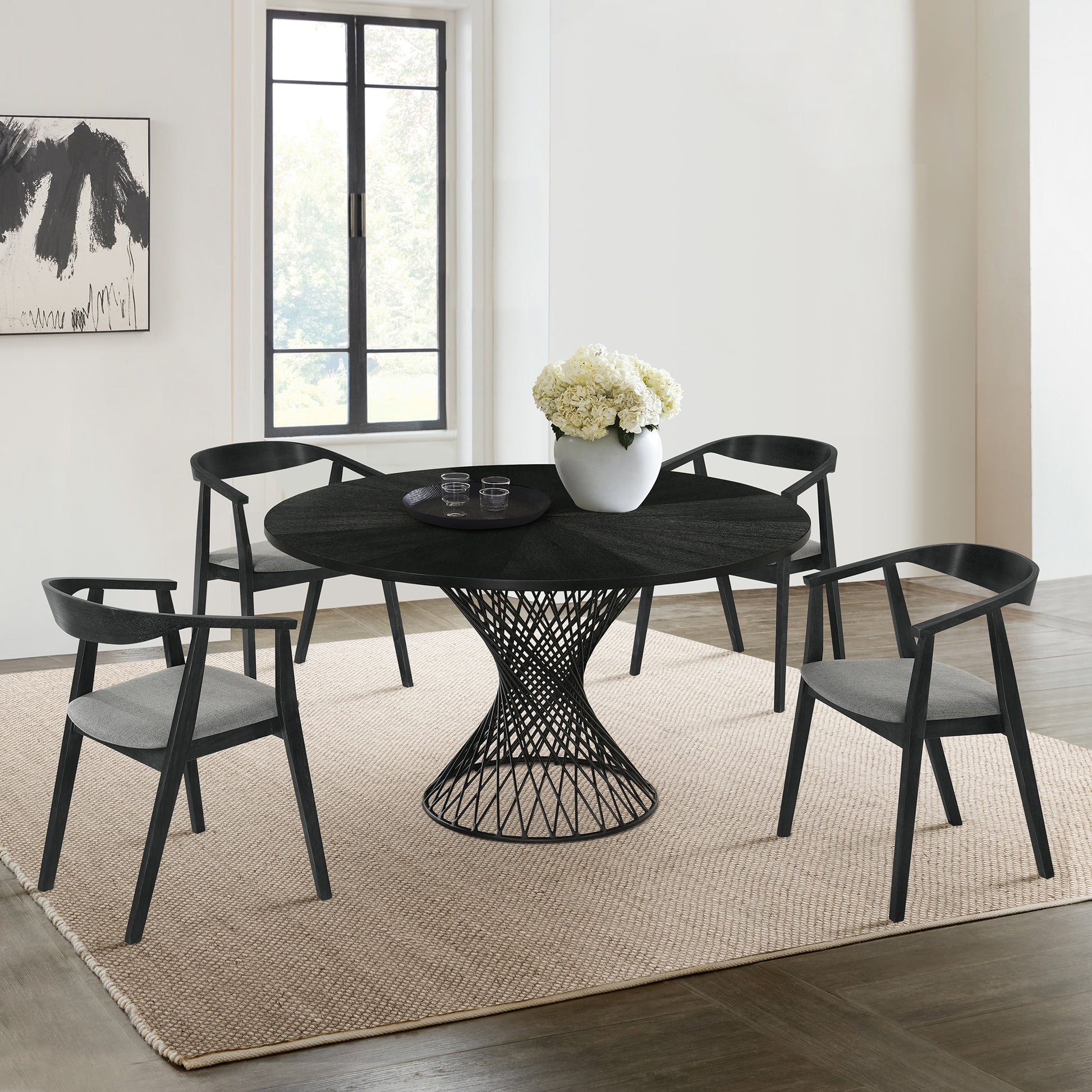 Cirque Santana 5 Piece Black Wood Dining Table Set with Charcoal Fabric By Armen Living | Dining Sets | Modishstore