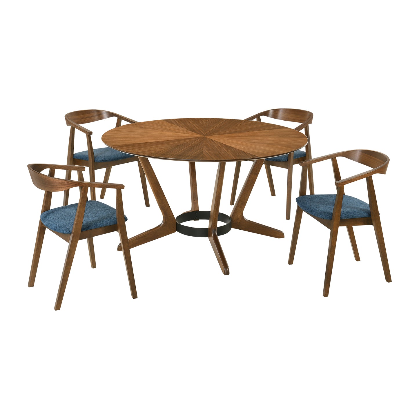 Santana 5 Piece Round Walnut Wood Dining Table Set with Blue Fabric By Armen Living | Dining Sets | Modishstore - 2