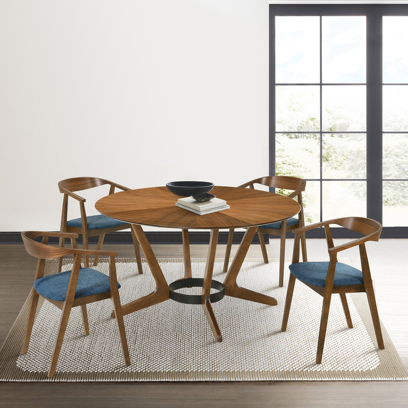 Santana 5 Piece Round Walnut Wood Dining Table Set with Blue Fabric By Armen Living | Dining Sets | Modishstore