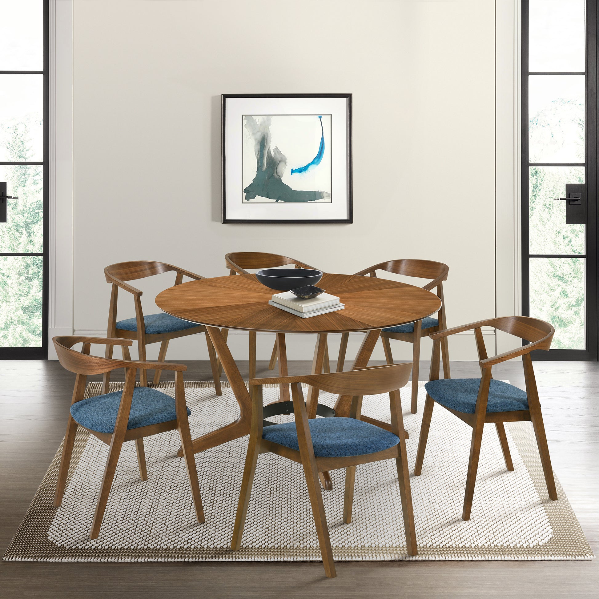 Santana 7 Piece Round Walnut Wood Dining Table Set with Blue Fabric By Armen Living | Dining Sets | Modishstore