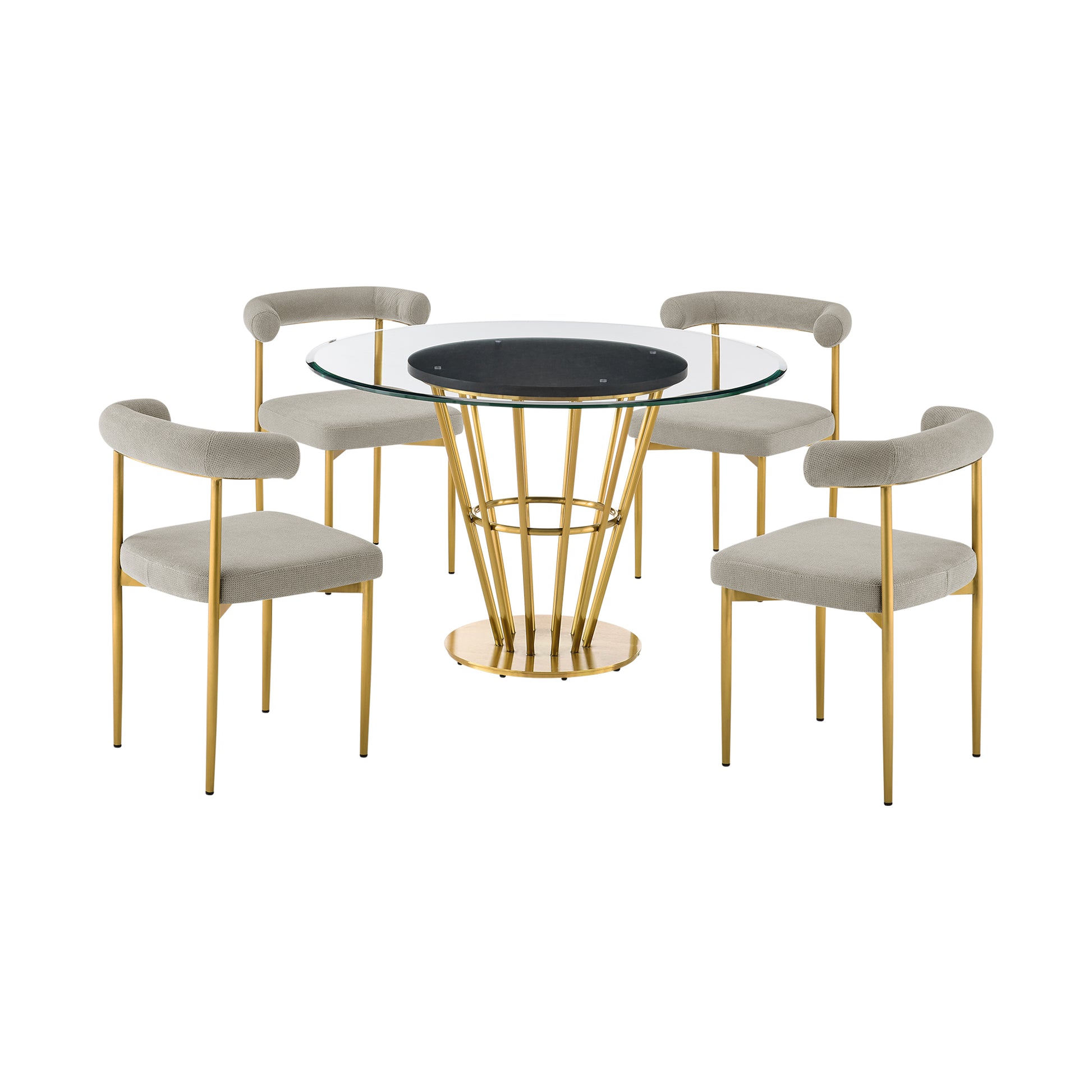 Veronica Shannon 5 Piece Round Glass Dining Table Set with Gold Brushed Stainless Steel and Taupe Fabric By Armen Living | Dining Sets | Modishstore - 2