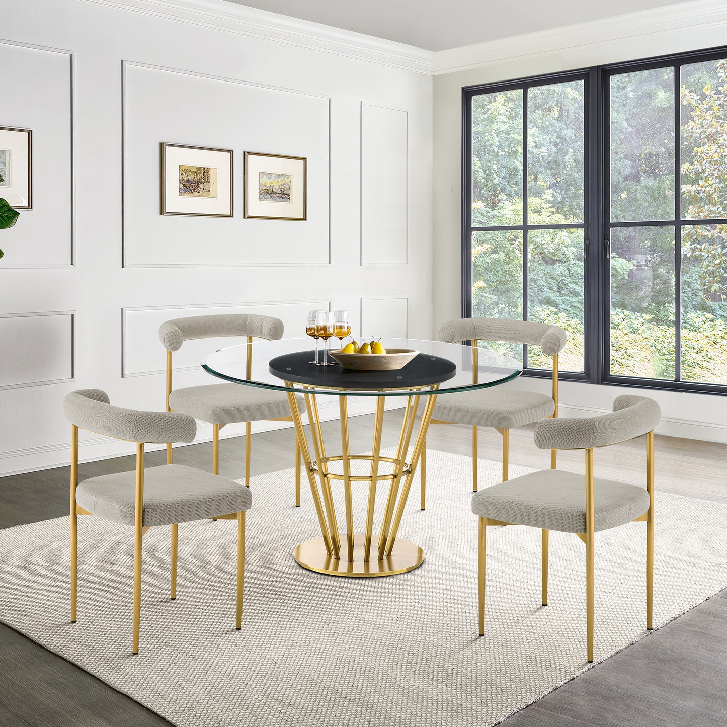 Veronica Shannon 5 Piece Round Glass Dining Table Set with Gold Brushed Stainless Steel and Taupe Fabric By Armen Living | Dining Sets | Modishstore