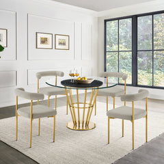 Veronica Shannon 5 Piece Round Glass Dining Table Set with Gold Brushed Stainless Steel and Taupe Fabric By Armen Living