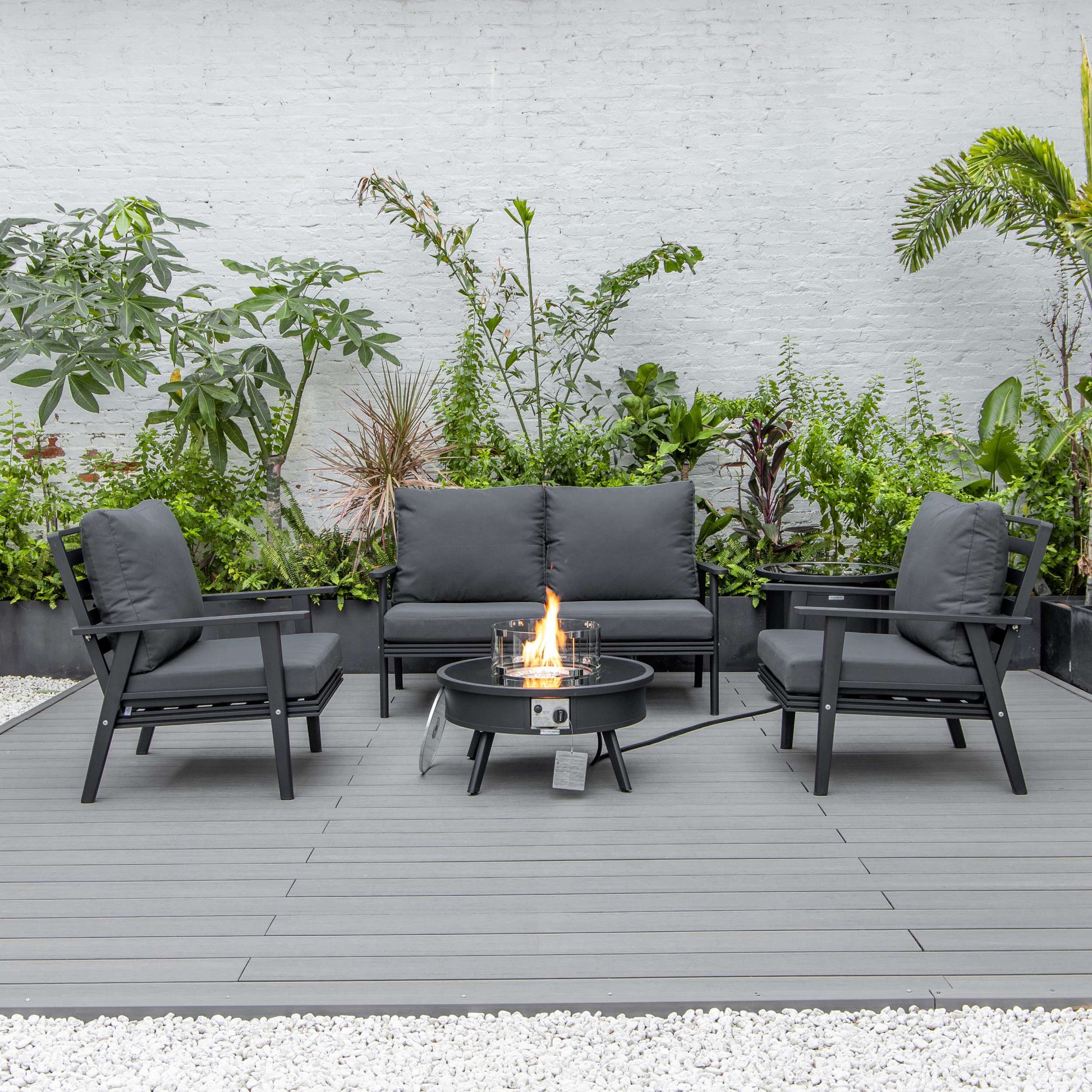 LeisureMod Walbrooke Modern Black Patio Conversation With Round Fire Pit & Tank Holder | Outdoor Sofas, Loveseats & Sectionals | Modishstore - 56