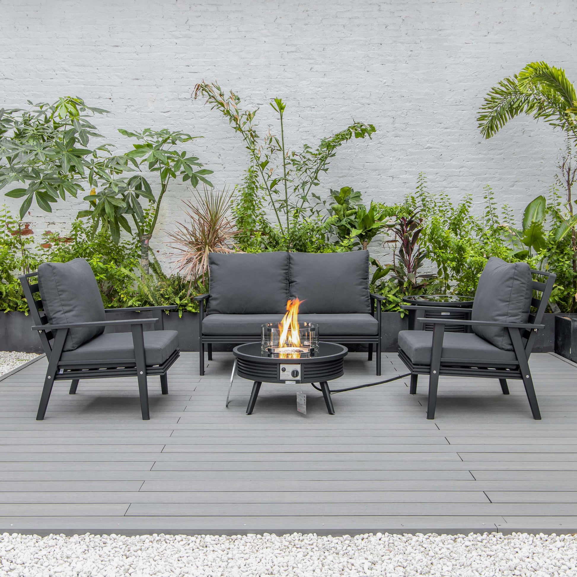 LeisureMod Walbrooke Modern Black Patio Conversation With Round Fire Pit With Slats Design & Tank Holder | Outdoor Sofas, Loveseats & Sectionals | Modishstore - 41