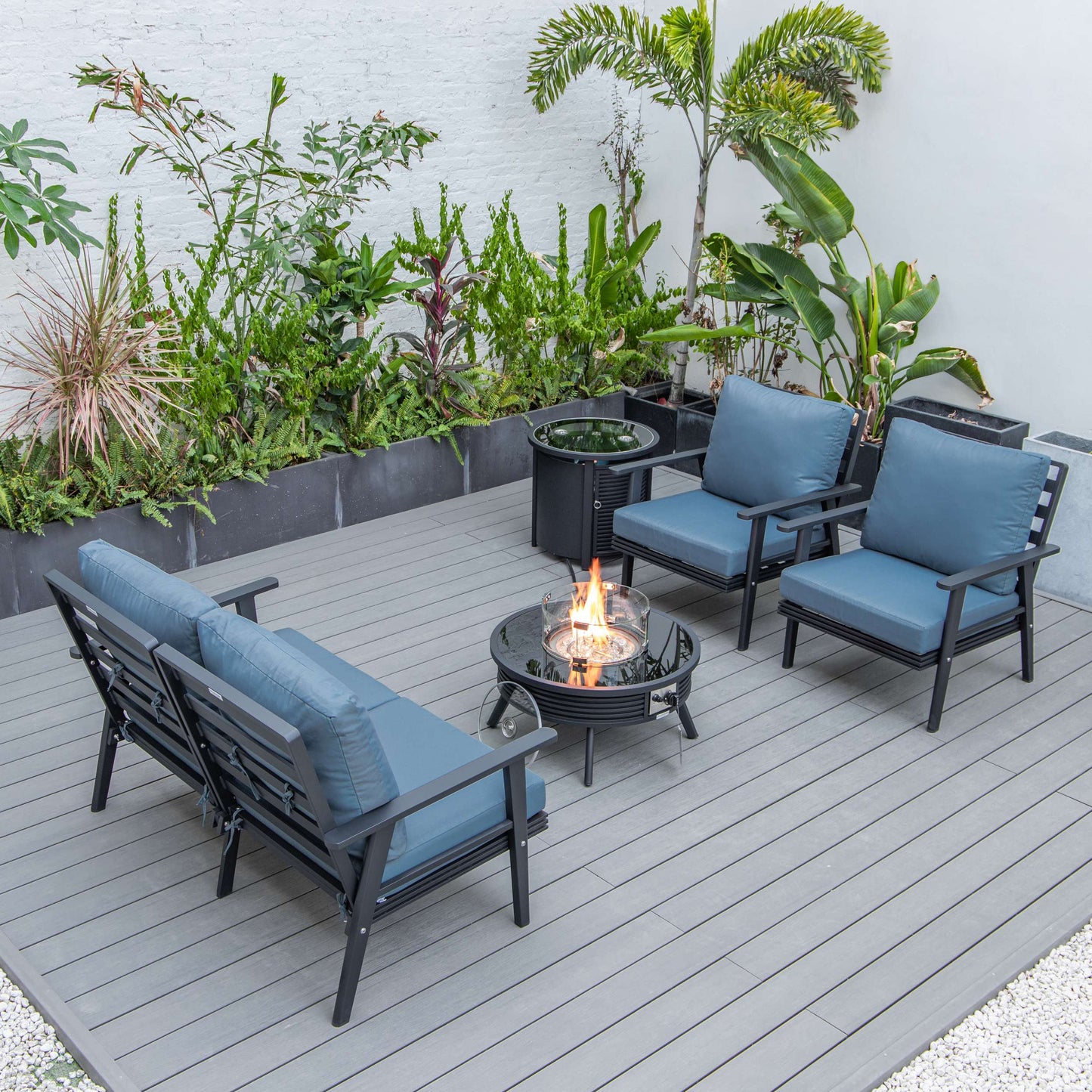 LeisureMod Walbrooke Modern Black Patio Conversation With Round Fire Pit With Slats Design & Tank Holder | Outdoor Sofas, Loveseats & Sectionals | Modishstore - 21